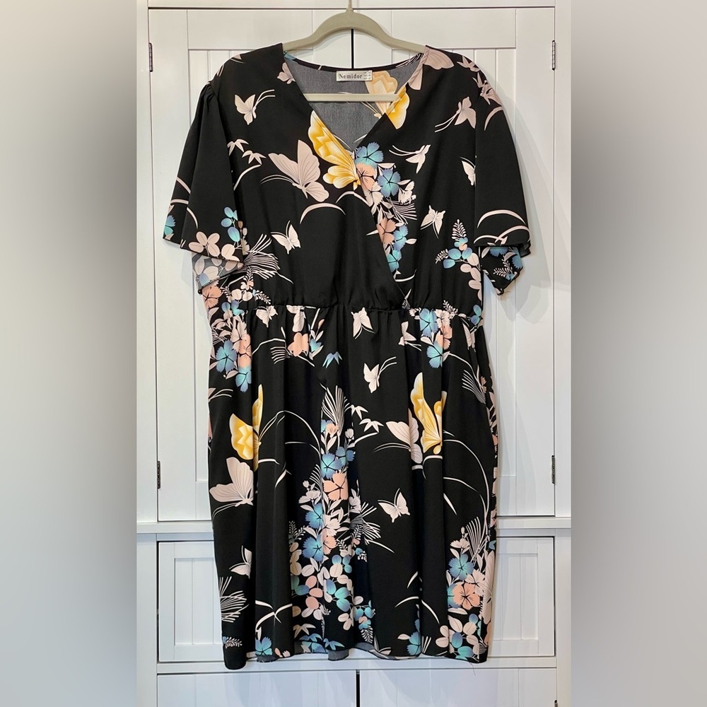 Nemidor Floral V-Neck Midi Dress in Black with Pastel Blooms